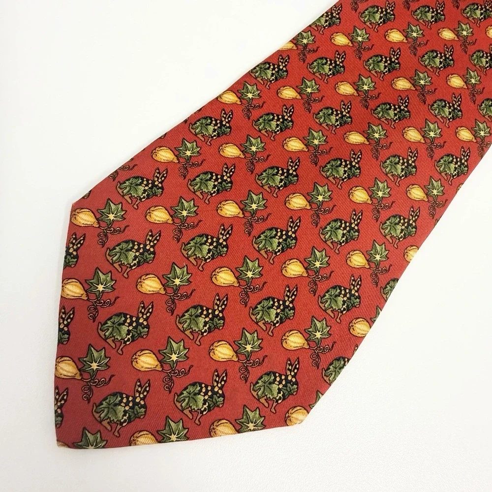 Salvatore Ferragamo Tie Rabbits & Pumpkins Autumn Leaves Red Silk 3 5/8